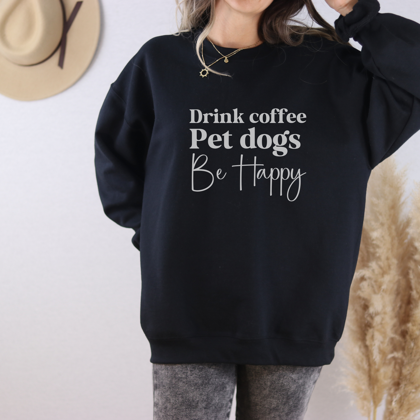 Coffee + Dogs + Be Happy Crewneck Sweatshirt - KristaCreativeStudio